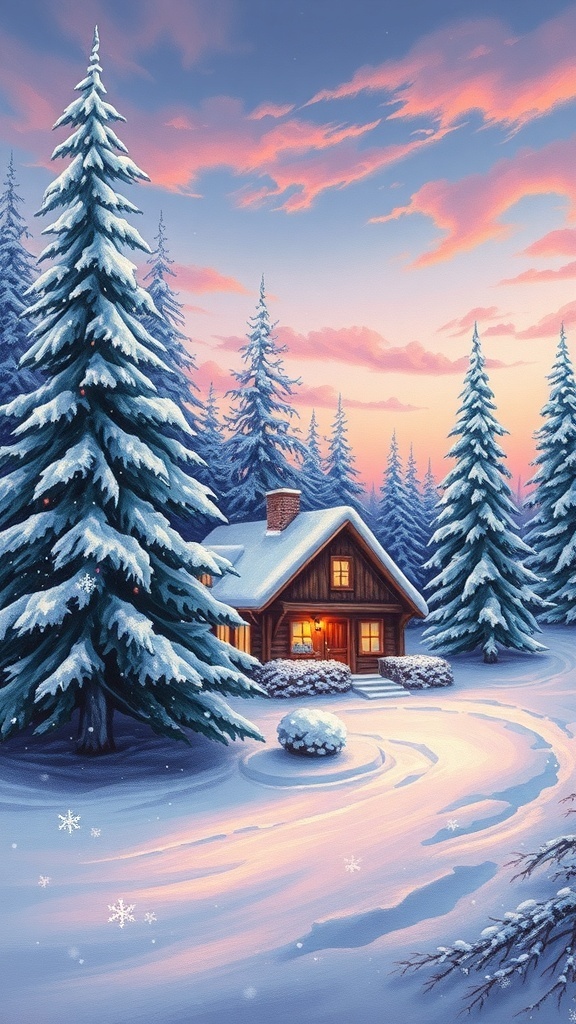 A winter landscape painting with snow-covered trees and a cozy cabin, illuminated by warm lights against a twilight sky.